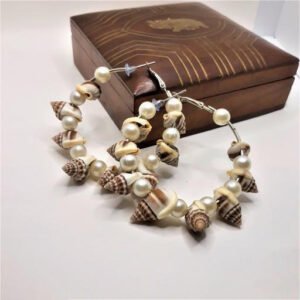 Moedbuille Handcrafted Cowri & Pearls Studded Filigree Work Oxidised Gold Plated Hoop Earrings