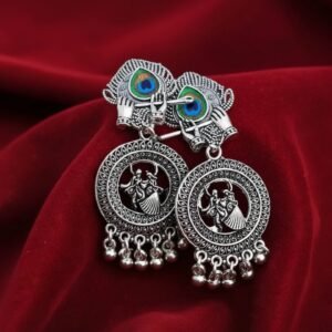 Nauraad Oxidized Silver Radha Krishna Earrings for Women – Mor Pankh & Bansuri Flute Design with Raas Leela Dangle – Traditional Ethnic Jewellery for Janmashtami, Navratri & Temple Wear