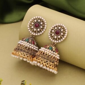 Nauraad Gold Plated Pearl Jhumka Earrings for Women – Traditional Antique Temple Jewellery with Red & Green Stones – Ethnic Pearl Drop Jhumki for Wedding & Saree