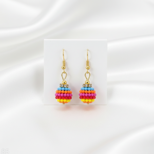 Nauraad Multicolor Beaded Ball Drop Earrings – Rainbow Seed Bead Dangle with Rhinestone Cap – Funky Boho Hanging Earrings for Haldi, Holi & Beach Party