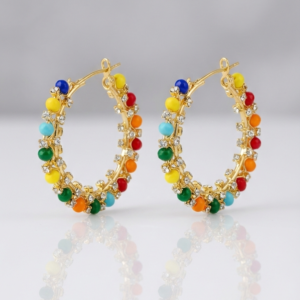 Nauraad Gold Plated Multicolor Beaded Hoop Earrings – Vibrant Rainbow Color Loops with Crystal Rhinestones – Funky Boho Bali for Party, Beach & Holi