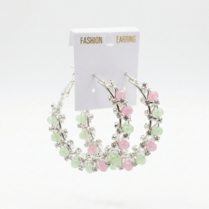 Nauraad Gold Plated Pastel Hoop Earrings for Women – Pink & Mint Green Beaded Bali with Crystal Rhinestones – Korean Style Aesthetic Circle Loops for Girls & Daily Wear