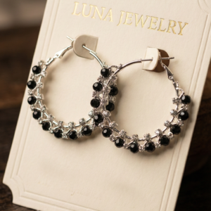 Nauraad Silver Plated Black Beaded Hoop Earrings for Women – Crystal Rhinestone Wrapped Bali Loops – Lightweight Fancy Circle Earrings for Party, Office & Western Wear