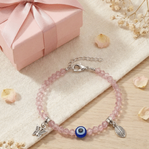 Nuraad Pink Crystal Beads Evil Eye Charm Bracelet with Silver Butterfly and Leaf Pendant for Women & Girls