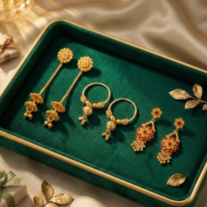 Naurrad Gold Plated Combo of 3 Sui Dhaga, Traditional Bali Hoop & Red Stone Drop Earrings Set for Women & Girls