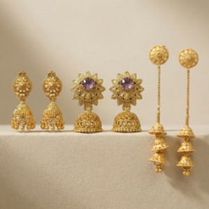 Naurrad Traditional Gold Plated Jhumka Earrings Combo of 3 Pairs - Antique Floral Drop & Long Layered Chain Jhumki Set for Women and Girls