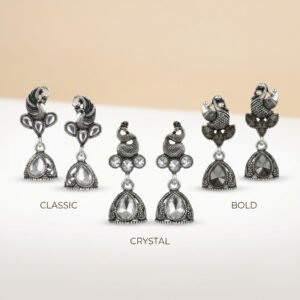 Naurrad Oxidized Silver Plated Peacock Jhumka Earrings Combo of 3 Pairs - Ethnic Black & Clear Crystal Drop Jhumki Set for Women and Girls